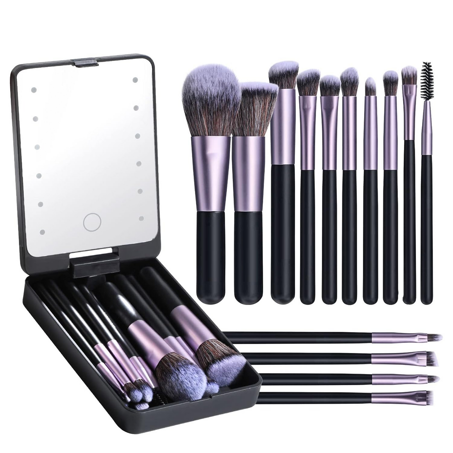 14 PCS Makeup Brush Set, Travel Makeup Brush Set, Foundation Powder Concealers Eye Shadows Makeup Set with LED Light Mirror, Mini Makeup Brushes, Professional Makeup Tools Kit for Face and Eyes