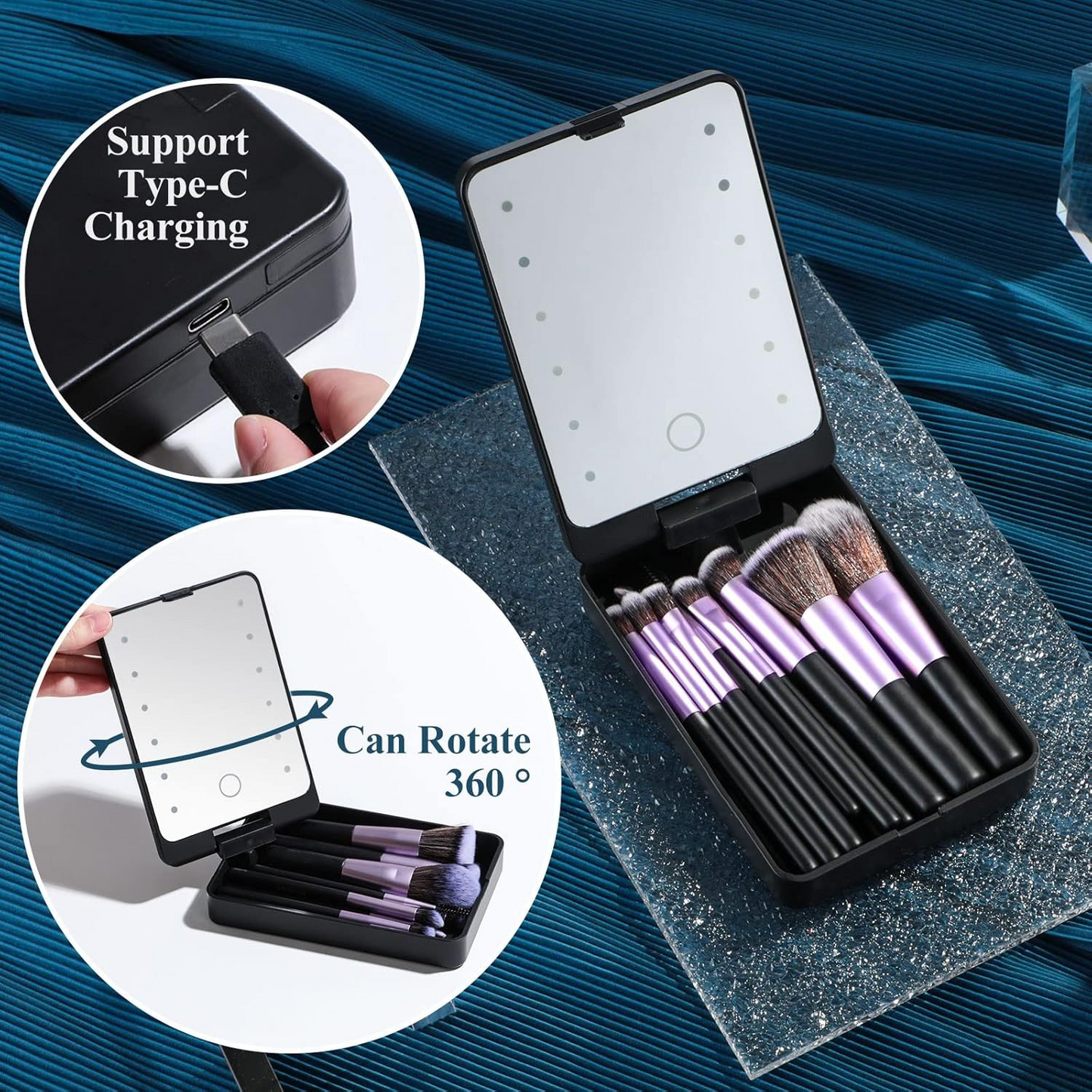 14 PCS Makeup Brush Set, Travel Makeup Brush Set, Foundation Powder Concealers Eye Shadows Makeup Set with LED Light Mirror, Mini Makeup Brushes, Professional Makeup Tools Kit for Face and Eyes