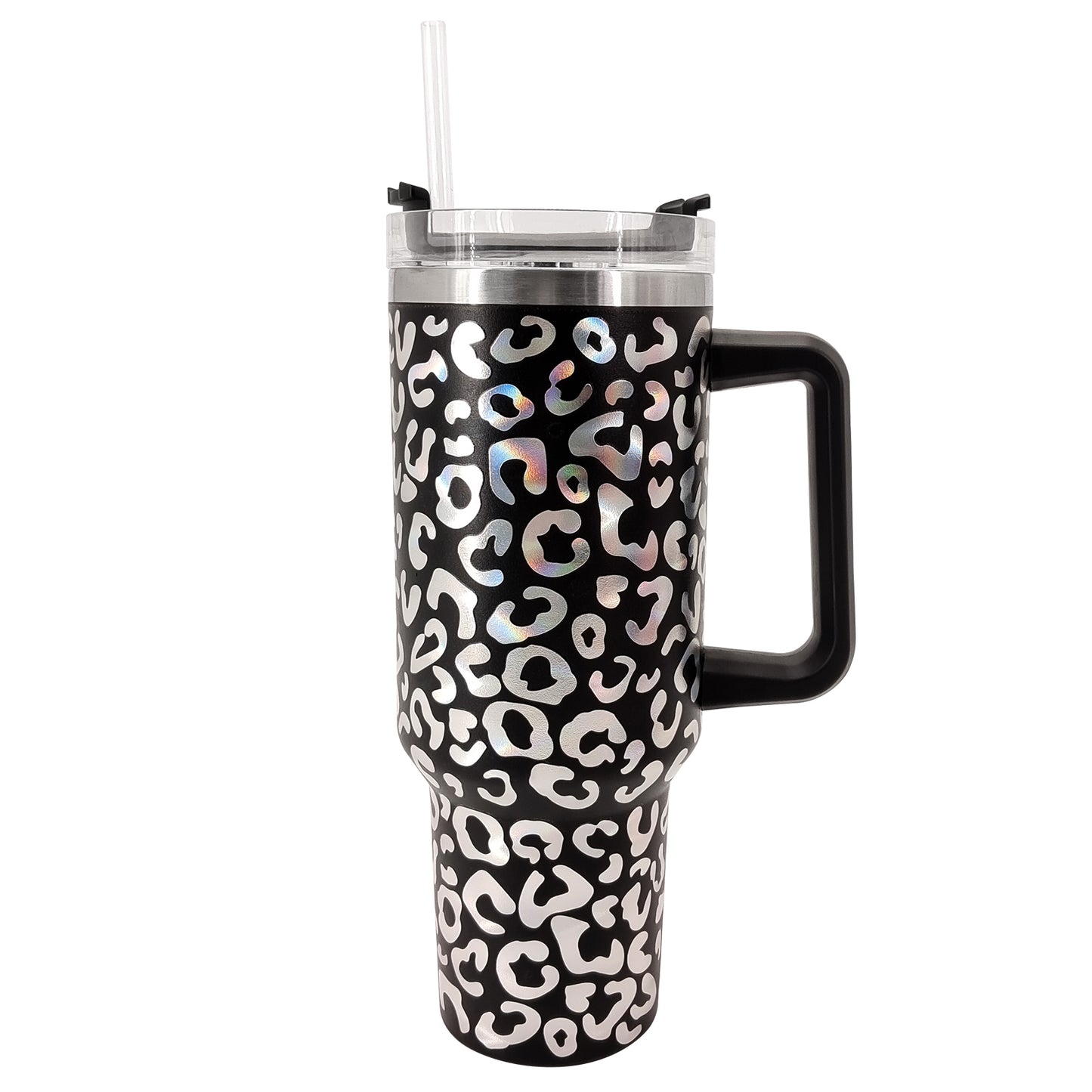 Lanedo 40 oz Tumbler Leopard Print with Handle Lid Straw Insulated Tumbler Stainless Steel Vacuum Coffee Swig Cup Holder Friendly Gifts for Friend Family Coworker, Black