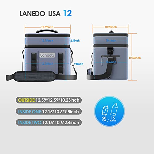 Lanedo Lisa Lunch Soft Cooler 20 Can, Insulated Bag Portable Ice Chest Box for Lunch, Beach, Drink, Beverage, Travel, Camping, Picnic, Car, Trips, Cooler Leak-Proof (Double Gray)