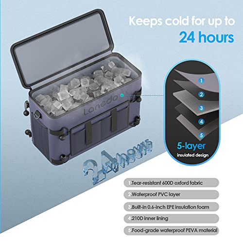 Lanedo 34-can Collapsible Soft-Sided Cooler, Soft ice Bag, Leak-Proof Beach Cooler, ice Chest, Portable Travel Cooler for Food Shopping, Camping, Kayaking, Travel, Fishing, (Grey)