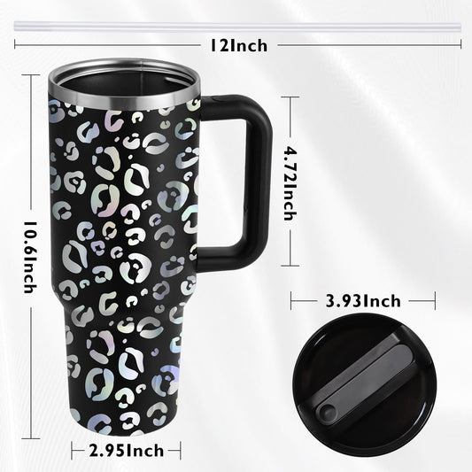 Lanedo 40 oz Tumbler Leopard Print with Handle Lid Straw Insulated Tumbler Stainless Steel Vacuum Coffee Swig Cup Holder Friendly Gifts for Friend Family Coworker, Black